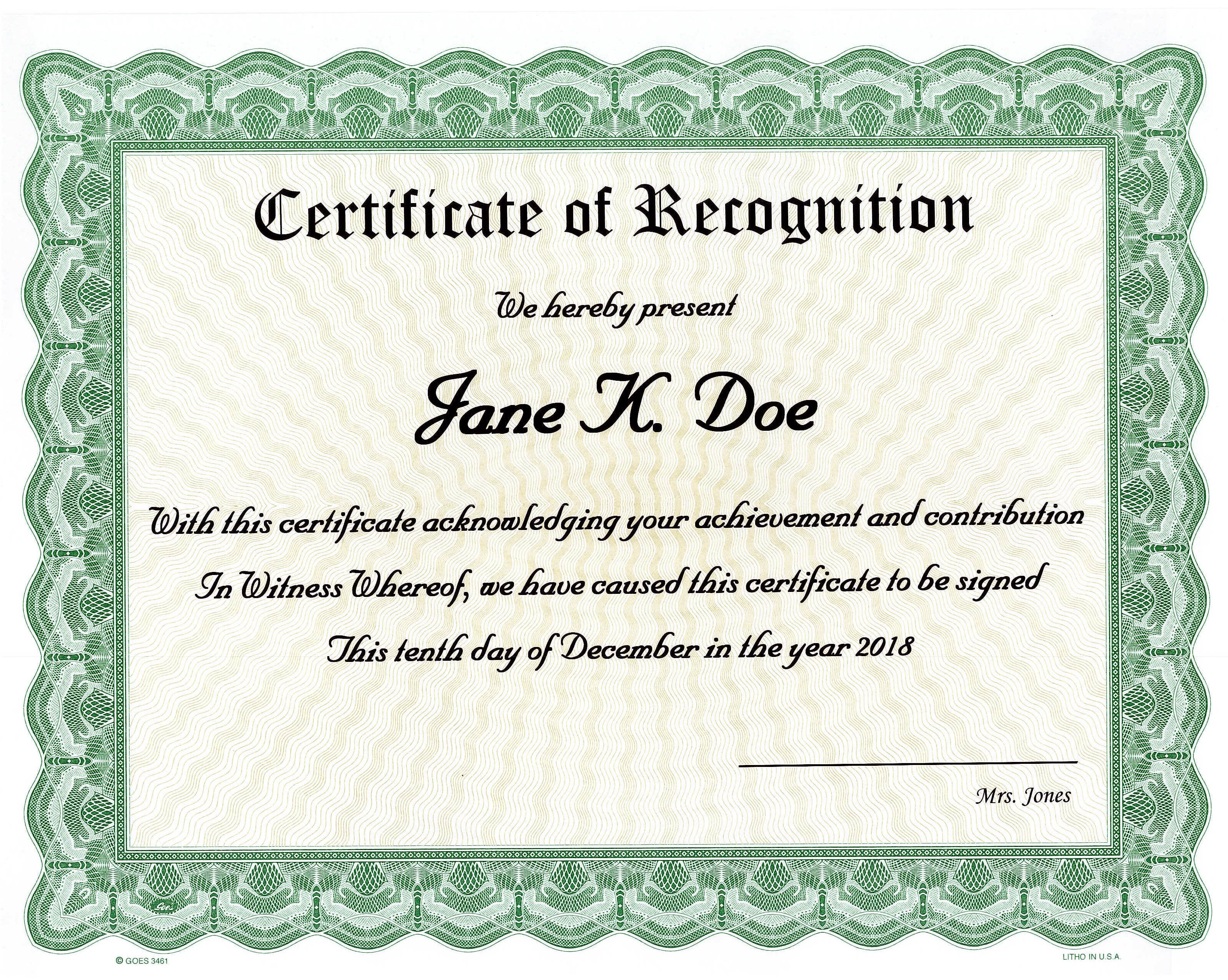 Certificate Of Recognition Template